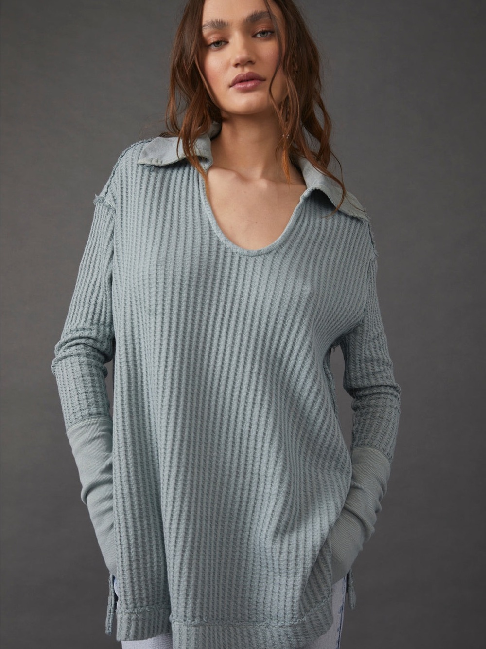 We The Free Olive Green Waffle Knit Hooded Pullover